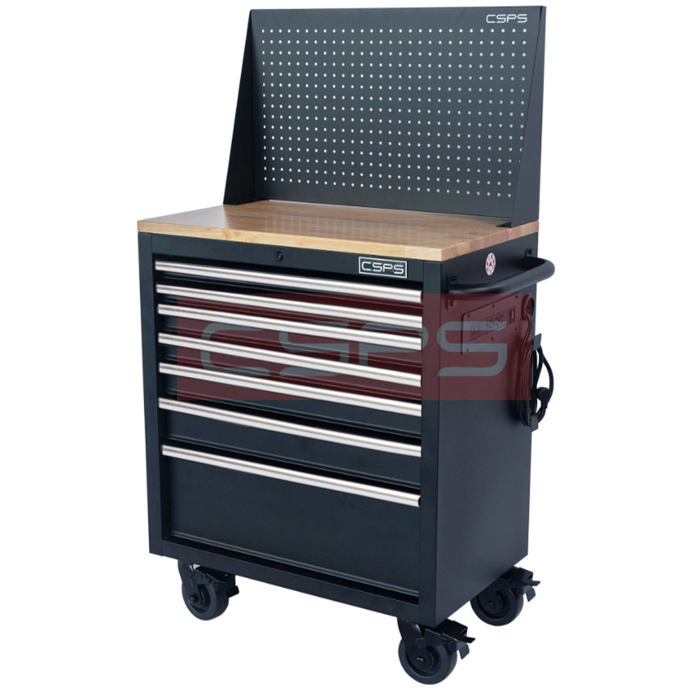 Tủ dụng cụ 7 ngăn kéo, mặt ván gỗ màu đen mờ 76cm kèm vách lưới CSPS: