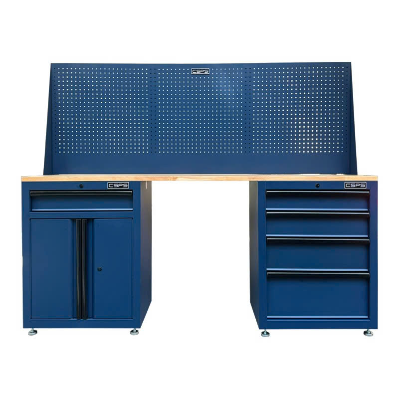 Bộ Bàn Nguội CSPS 183cm - 05 hộc kéo màu xanh dương mặt ván gỗ vách lưới