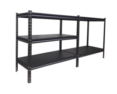 Black low steel plate shelf 152cmW x 35cmD x 91cmH.