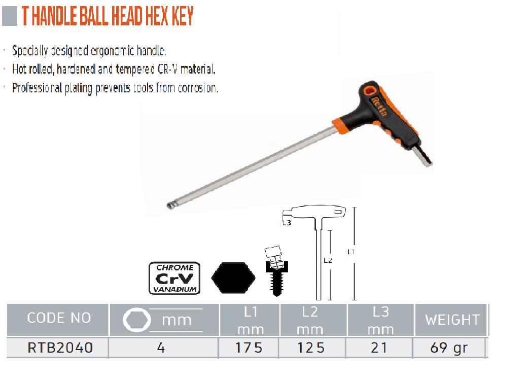 Tay vặn T lục giác đầu bi 4mm Retta RXB1040 Thổ Nhĩ Kỳ