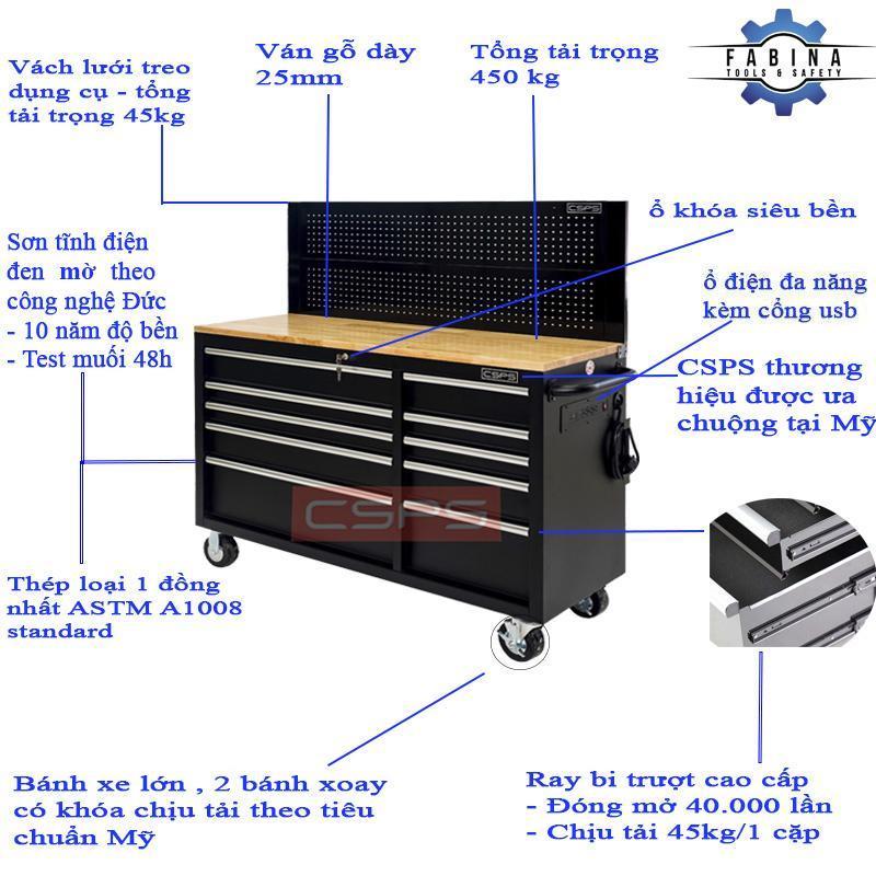 Tủ dụng cụ 10 ngăn 132cm mặt ván gỗ đen mờ có ổ điện kèm cổng USB CSPS