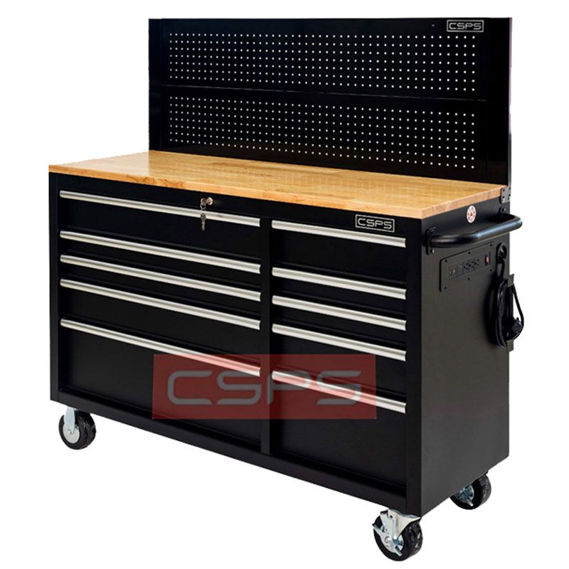 Tool cabinet 10 drawers 132cm matte black wood paneling with power socket with USB port CSPS