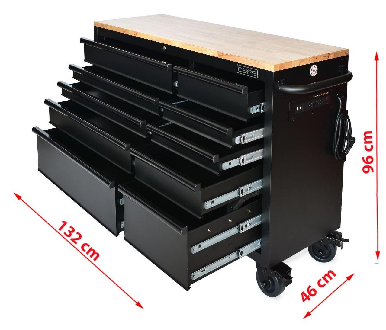 Tủ dụng cụ 10 ngăn kéo 132cm màu đen mờ mặt ván gỗ CSPS