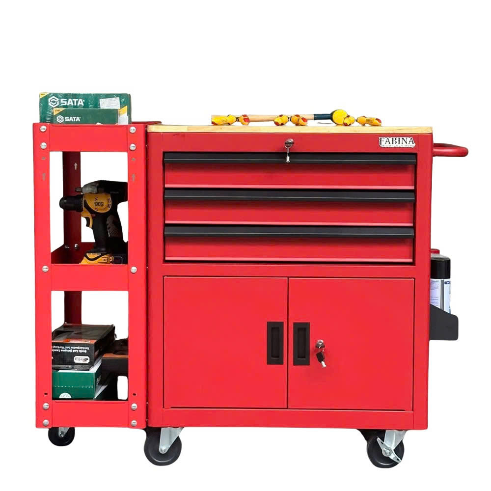 Tủ dụng cụ 3 hộc kéo 2 ngăn chứa màu đỏ kèm kệ 3 tầng