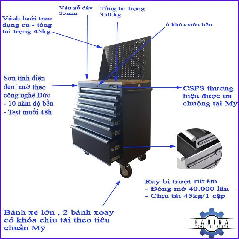 Tủ dụng cụ 7 ngăn kéo , mặt ván gỗ màu đen mờ 76cm kèm vách lưới CSPS