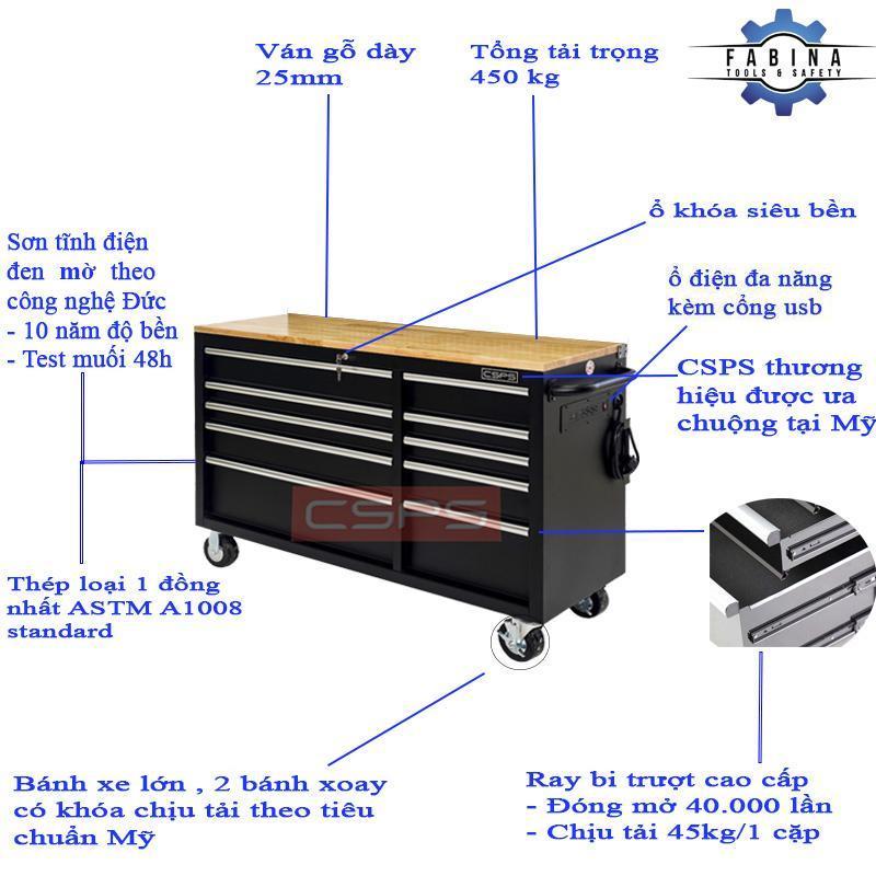 Tủ dụng cụ CSPS 10 ngăn kéo ray bi trượt đóng êm