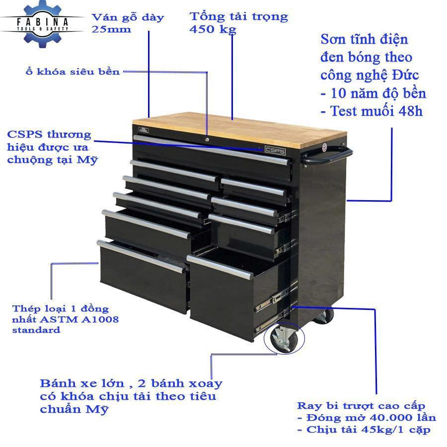 Tủ dụng cụ CSPS 104cm màu đen - 10 hộc kéo ván gỗ