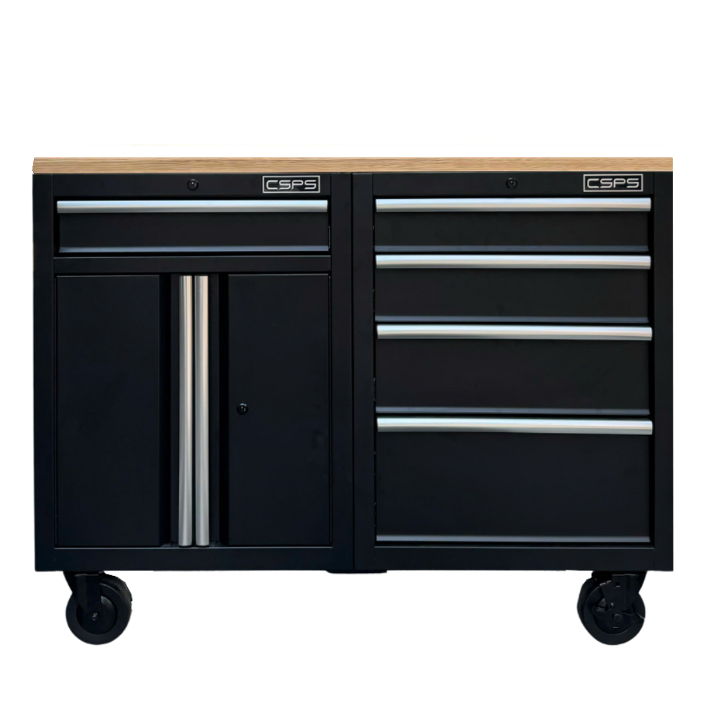 Tủ dụng cụ CSPS 122cm - 05 hộc kéo màu đen mặt ván gỗ (tay nắm trắng)