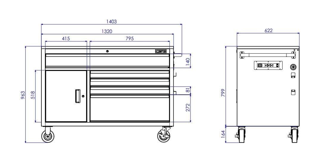 Tủ dụng cụ CSPS 132cm - 05 hộc kéo màu đen tay nắm màu đỏ.