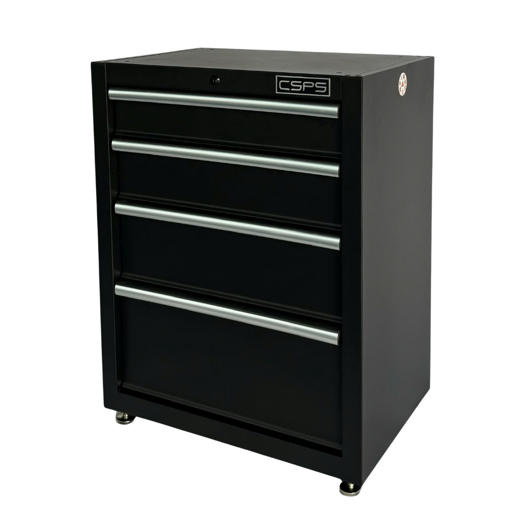 CSPS tool cabinet 61cm - 04 black drawers with adjustable legs (white handles