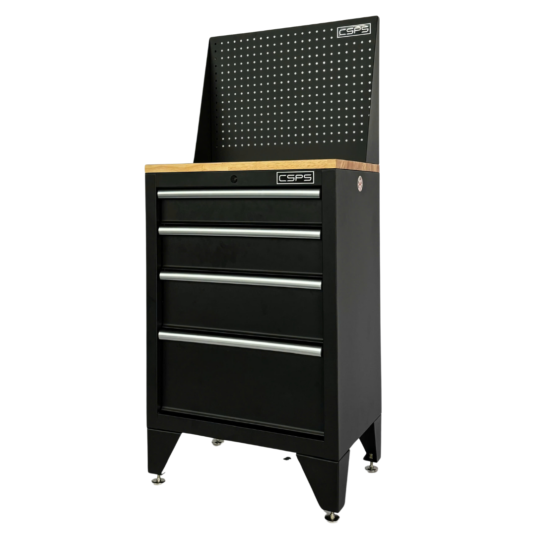 CSPS tool cabinet 61cm - 04 black drawers, wooden base, mesh wall (white handles)