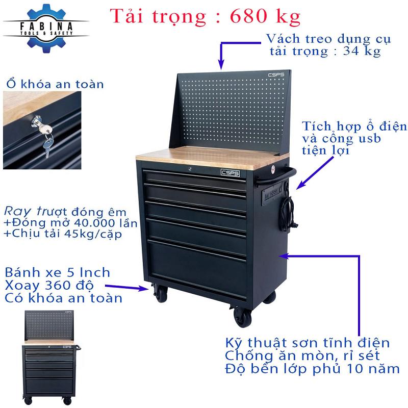 Tủ dụng cụ CSPS 76cm - 05 hộc kéo không nâng hạ màu đen kèm vách lưới