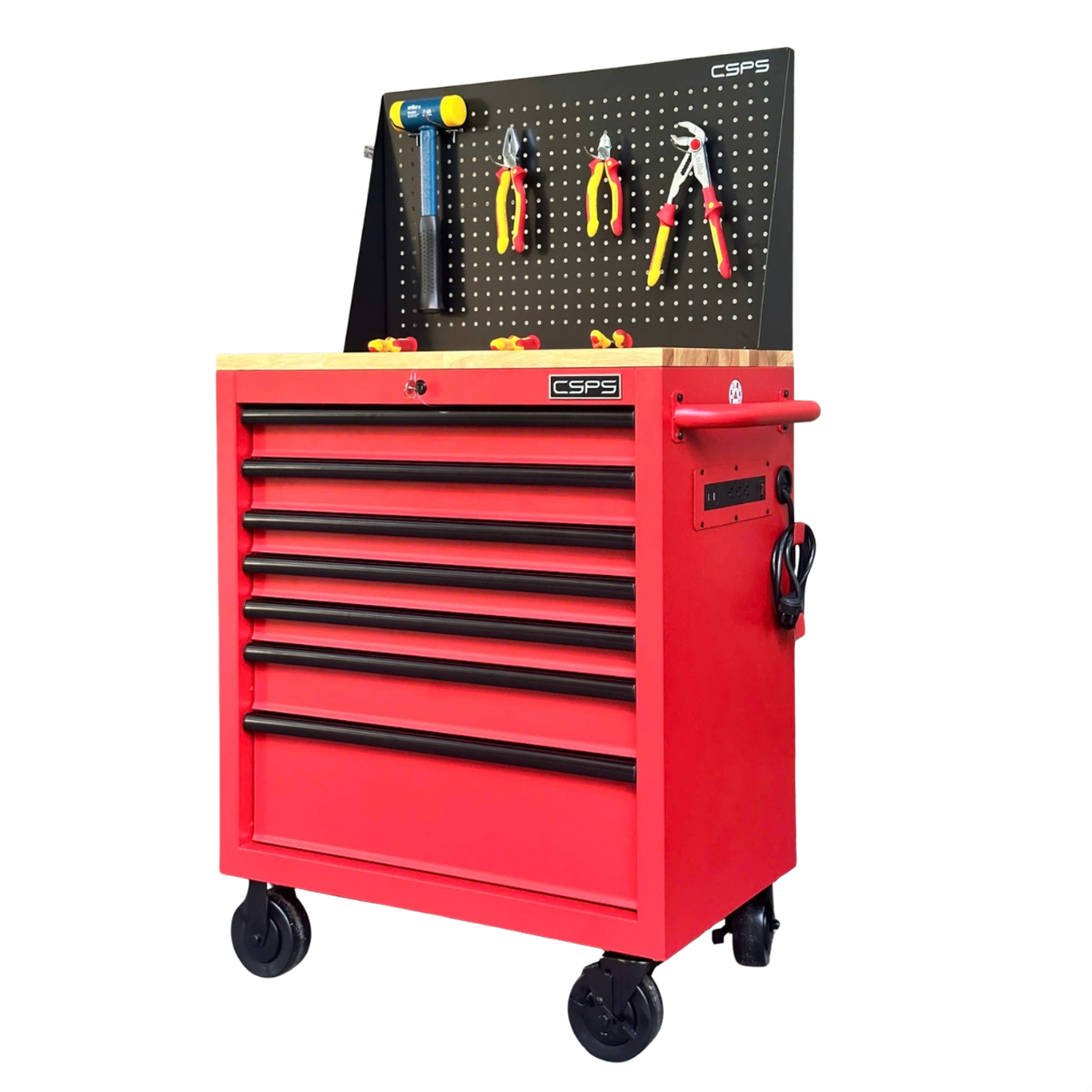 CSPS Tool Cabinet Rough Red with Mesh Wall and wooden top - 7 Drawers