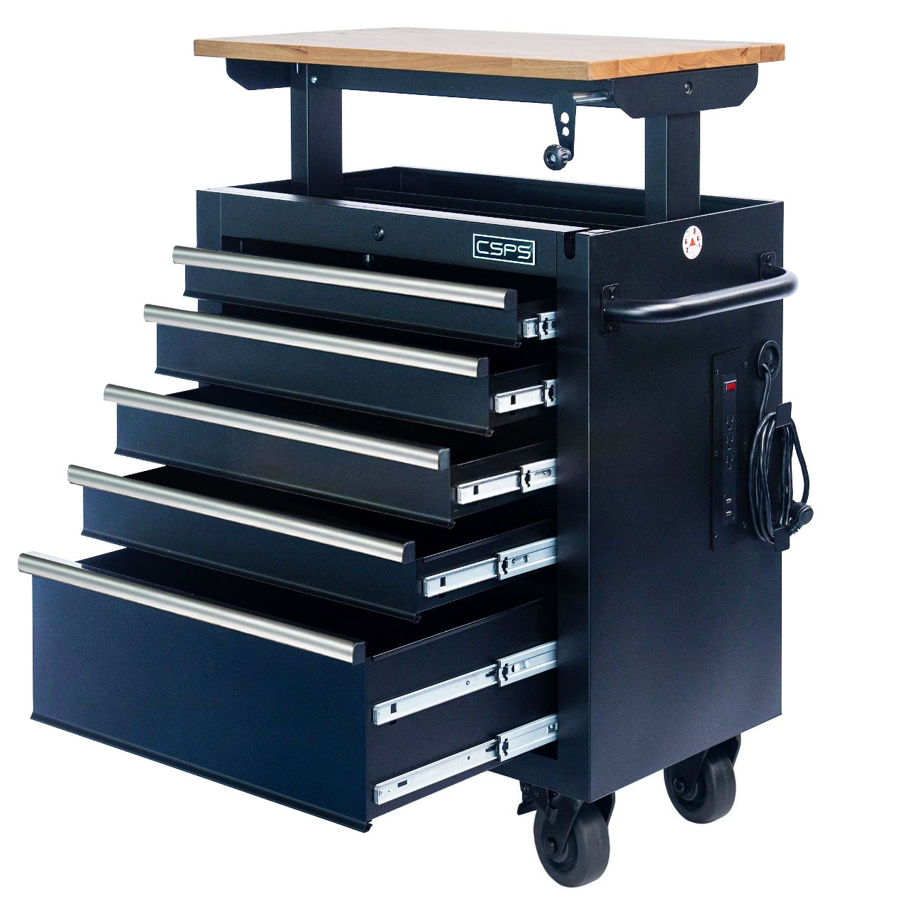 CSPS Matt Black Tool Cabinet 76 cm with Lift-up Top – 05 drawers (white handles)