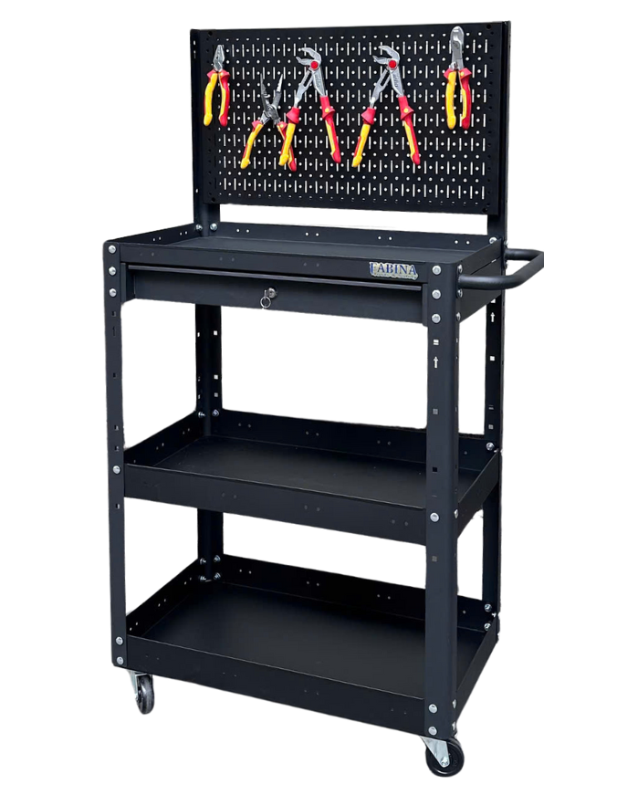 Xe đẩy 3 tầng cao 980mm màu đen hộc kéo đen kèm vách lưới