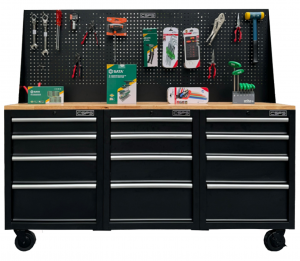 Bộ 3 Tủ dụng cụ CSPS 183cm màu đen mặt ván gỗ kèm vách lưới - 12 hộc kéo (tay cầm trắng)