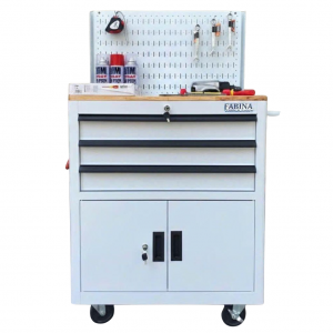 Fabina White Tool Cabinet with 3 Drawers and 2 Storage Compartments with Pegboard