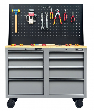 Set of 2 CSPS 122cm Gray tool cabinets with wooden surface and mesh wall - 08 drawers