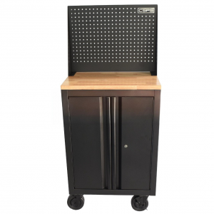 CSPS 61cm Black Tool Cabinet with Casters, Wooden Top & Pegboard – No Drawer