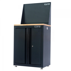 CSPS 61cm Black Tool Cabinet with Wooden Top, Pegboard Panel, and Leveling Feet – No Drawers