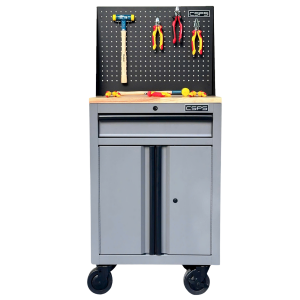 CSPS Gray tool cabinet 61cm with wooden top and pegboard & casters – 01 drawer