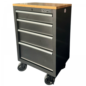 Black Tool cabinet CSPS 61cm with wheels and wooden panel on top - 04 drawers (white handles)