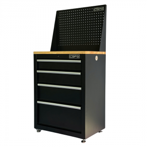 Black Tool cabinet CSPS 61cm including leveling feet - wooden panel on top and mesh wall - 04 drawers (white handles)