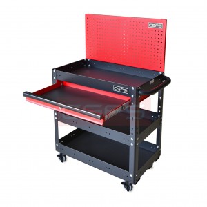 CSPS Black 3-Tier Utility Cart with Red Mesh Side Panels and Red Drawer